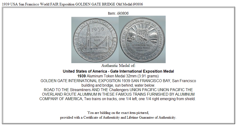 1939 USA San Francisco World FAIR Exposition GOLDEN GATE BRIDGE Old Medal i90806