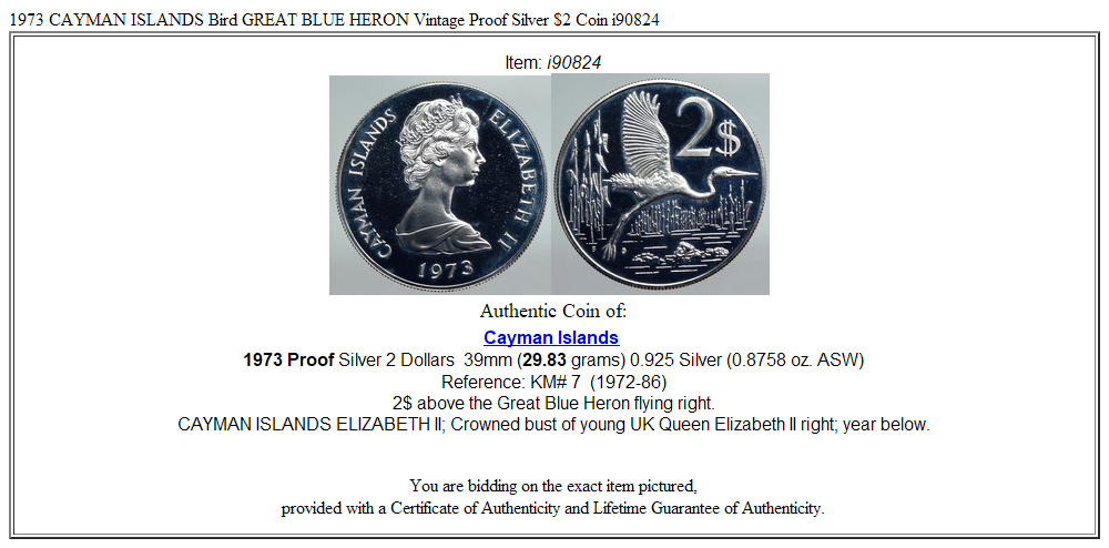 1973 CAYMAN ISLANDS Bird GREAT BLUE HERON Vintage Proof Silver $2 Coin i90824