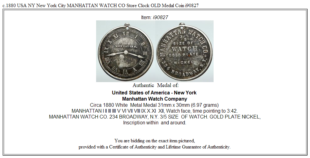 c.1880 USA NY New York City MANHATTAN WATCH CO Store Clock OLD Medal Coin i90827