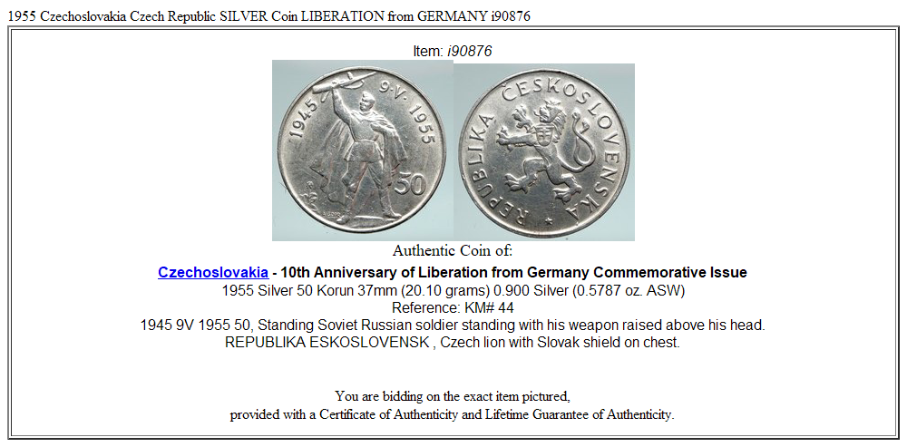 1955 Czechoslovakia Czech Republic SILVER Coin LIBERATION from GERMANY i90876