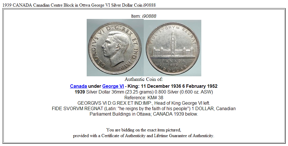 1939 CANADA Canadian Centre Block in Ottwa George VI Silver Dollar Coin i90888