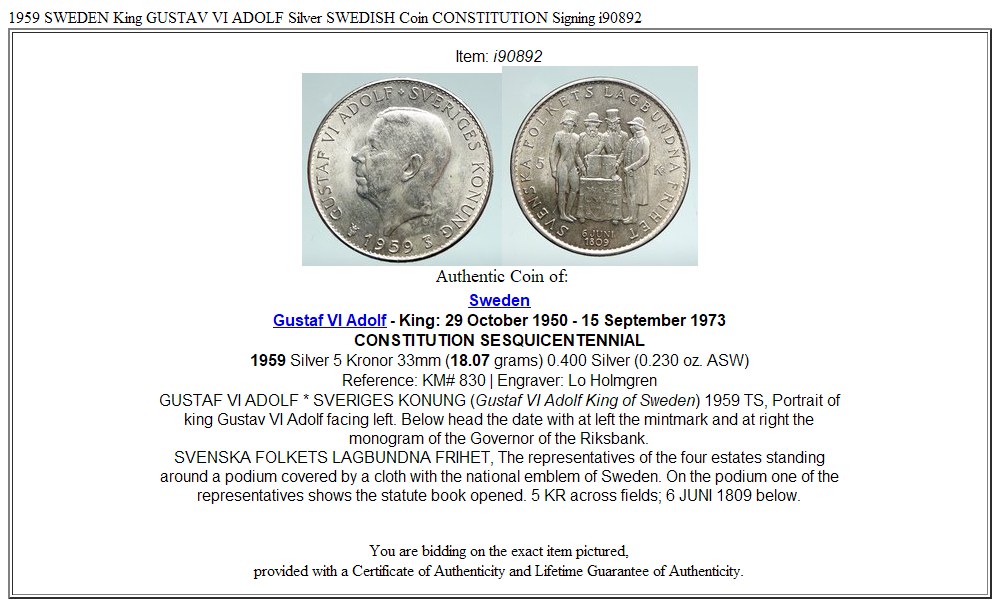 1959 SWEDEN King GUSTAV VI ADOLF Silver SWEDISH Coin CONSTITUTION Signing i90892