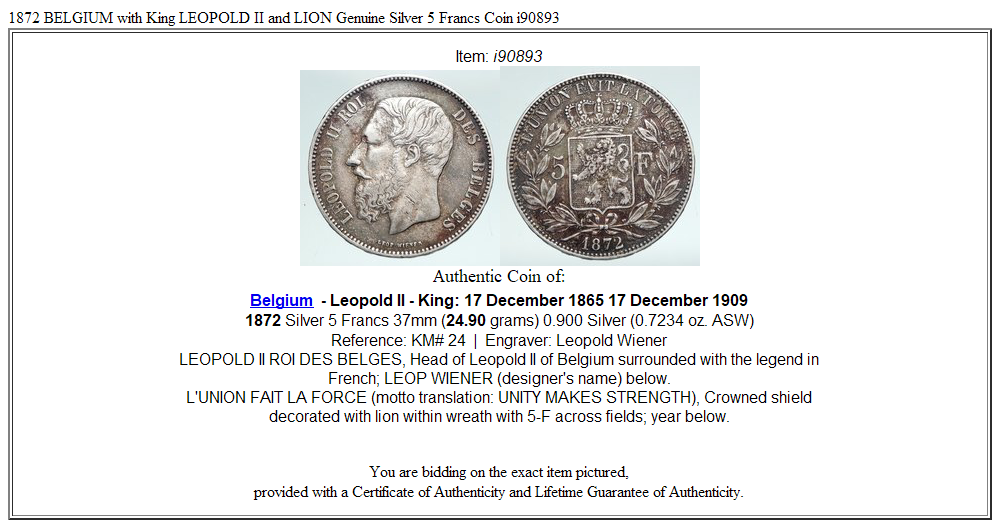 1872 BELGIUM with King LEOPOLD II and LION Genuine Silver 5 Francs Coin i90893