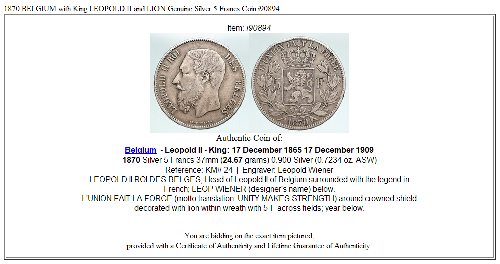 1870 BELGIUM with King LEOPOLD II and LION Genuine Silver 5 Francs Coin i90894