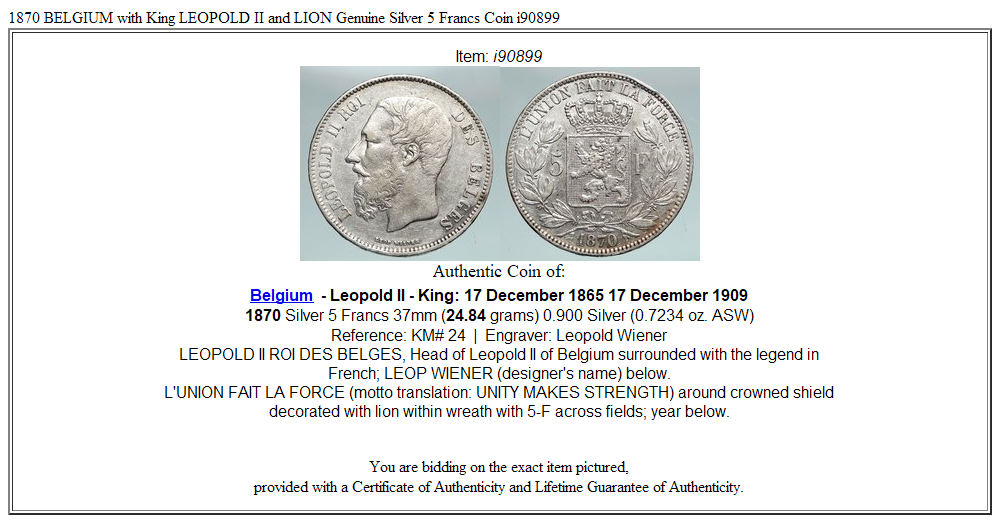 1870 BELGIUM with King LEOPOLD II and LION Genuine Silver 5 Francs Coin i90899