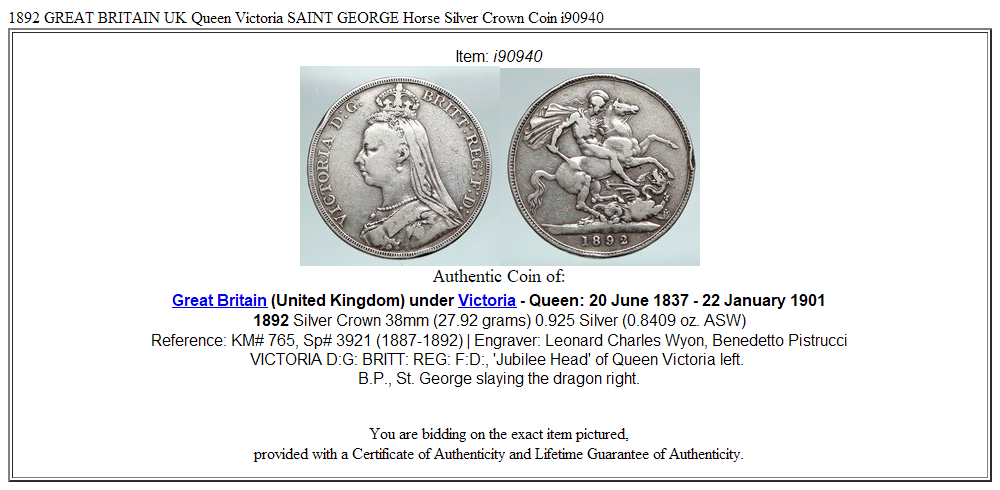 1892 GREAT BRITAIN UK Queen Victoria SAINT GEORGE Horse Silver Crown Coin i90940