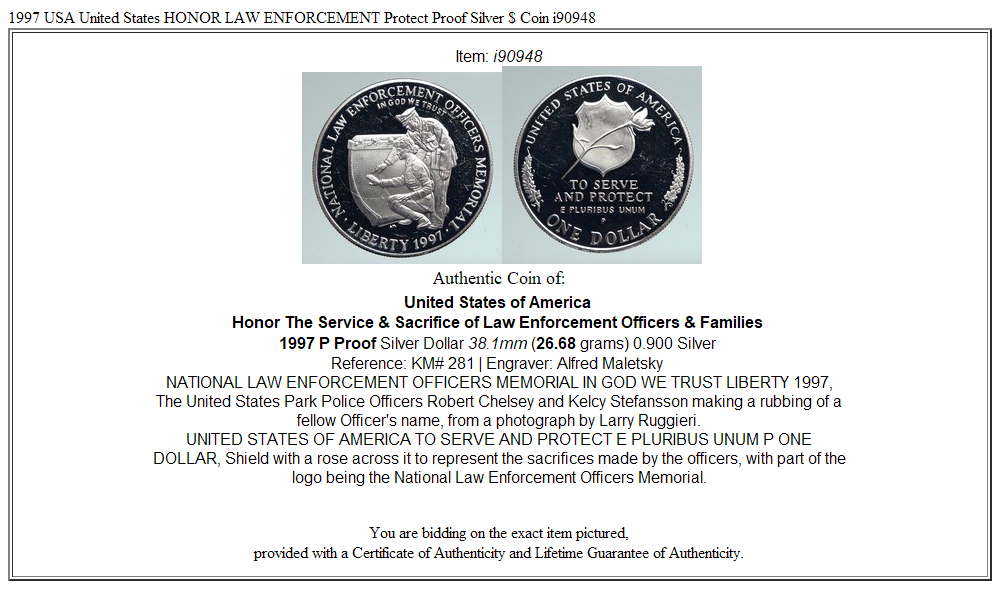 1997 USA United States HONOR LAW ENFORCEMENT Protect Proof Silver $ Coin i90948