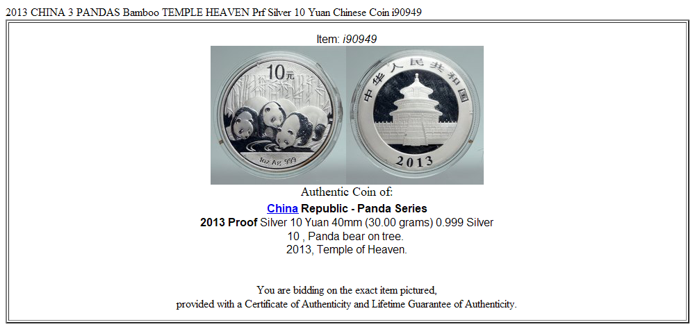 2013 CHINA 3 PANDAS Bamboo TEMPLE HEAVEN Prf Silver 10 Yuan Chinese Coin i90949