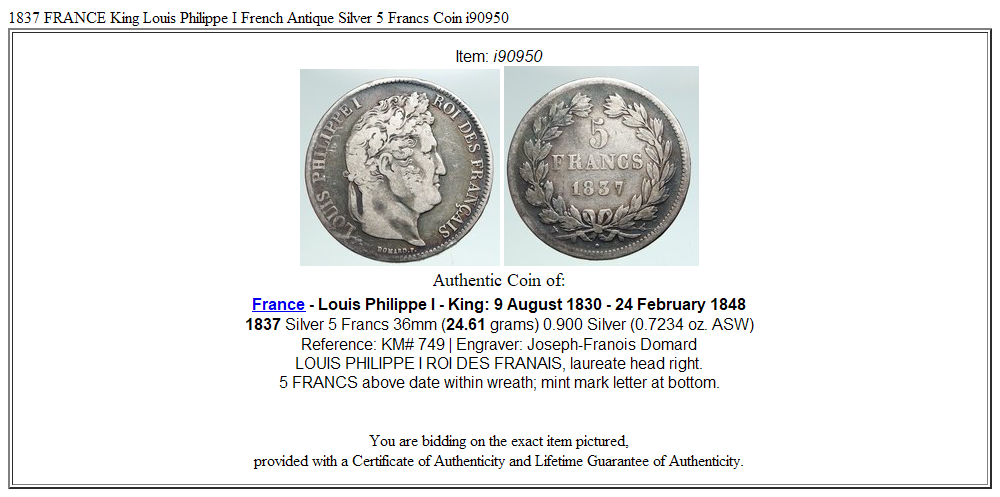 1837 FRANCE King Louis Philippe I French Antique Silver 5 Francs Coin i90950