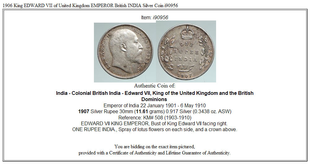 1906 King EDWARD VII of United Kingdom EMPEROR British INDIA Silver Coin i90956