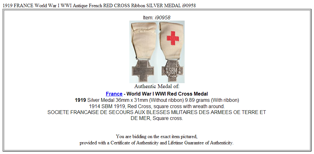 1919 FRANCE World War I WWI Antique French RED CROSS Ribbon SILVER MEDAL i90958