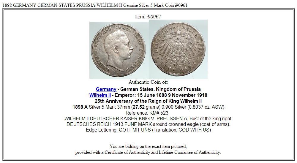 1898 GERMANY GERMAN STATES PRUSSIA WILHELM II Genuine Silver 5 Mark Coin i90961