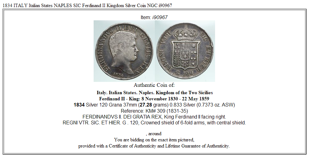 1834 ITALY Italian States NAPLES SIC Ferdinand II Kingdom Silver Coin NGC i90967