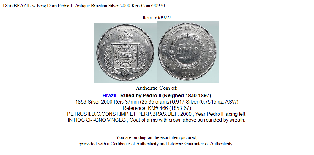 1856 BRAZIL w King Dom Pedro II Antique Brazilian Silver 2000 Reis Coin i90970