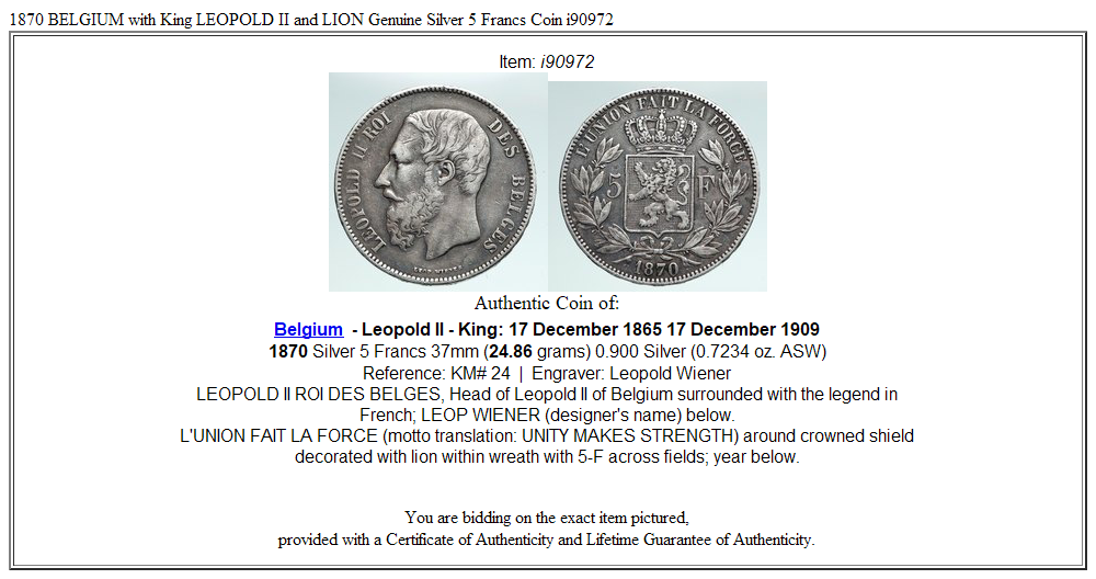 1870 BELGIUM with King LEOPOLD II and LION Genuine Silver 5 Francs Coin i90972