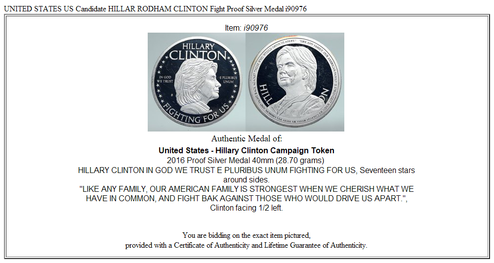 UNITED STATES US Candidate HILLAR RODHAM CLINTON Fight Proof Silver Medal i90976