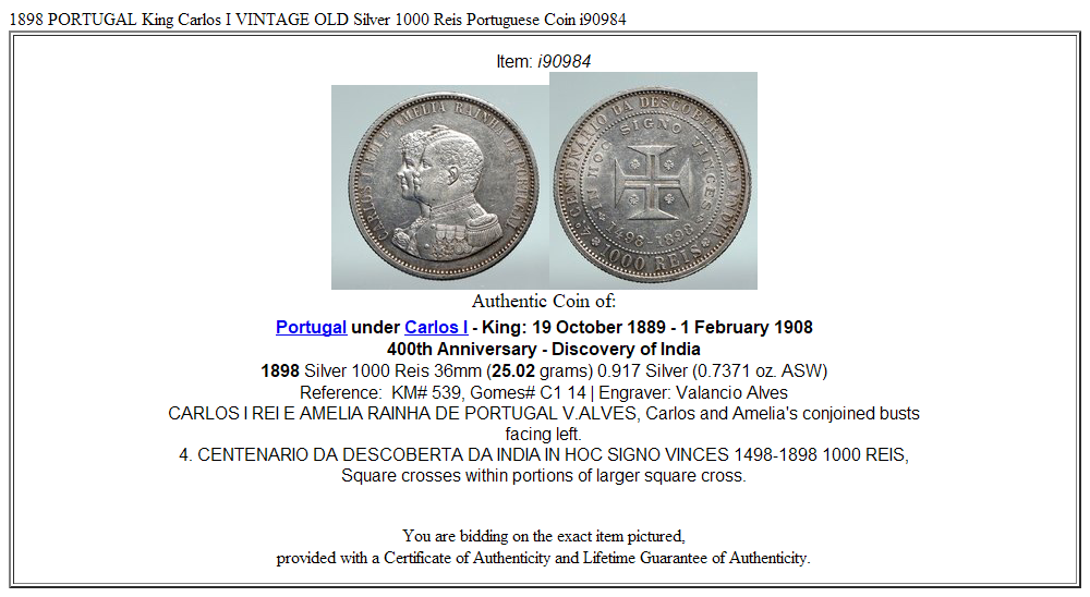 1898 PORTUGAL King Carlos I VINTAGE OLD Silver 1000 Reis Portuguese Coin i90984