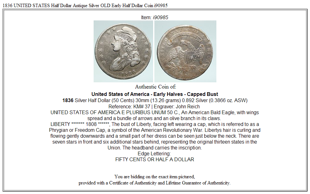 1836 UNITED STATES Half Dollar Antique Silver OLD Early Half Dollar Coin i90985