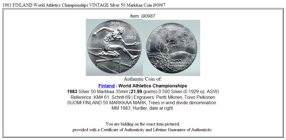 1983 FINLAND World Athletics Championships VINTAGE Silver 50 Markkaa Coin i90987