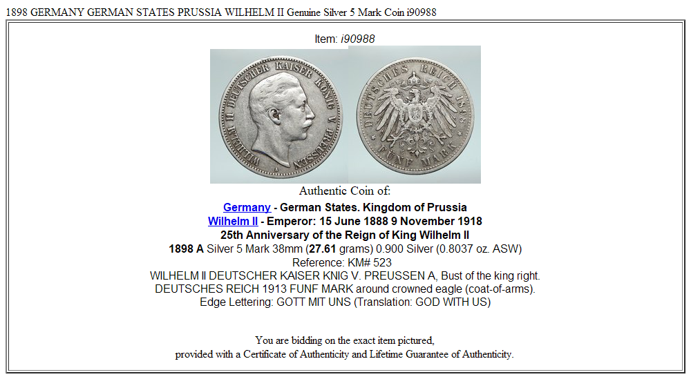 1898 GERMANY GERMAN STATES PRUSSIA WILHELM II Genuine Silver 5 Mark Coin i90988