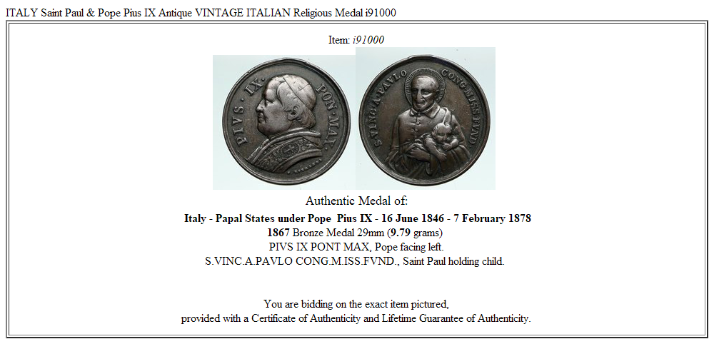 ITALY Saint Paul & Pope Pius IX Antique VINTAGE ITALIAN Religious Medal i91000