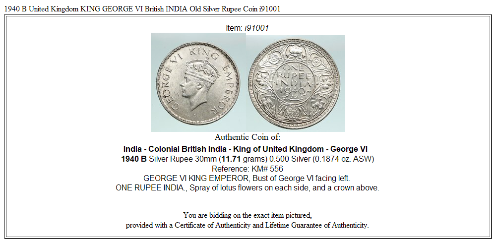 1940 B United Kingdom KING GEORGE VI British INDIA Old Silver Rupee Coin i91001