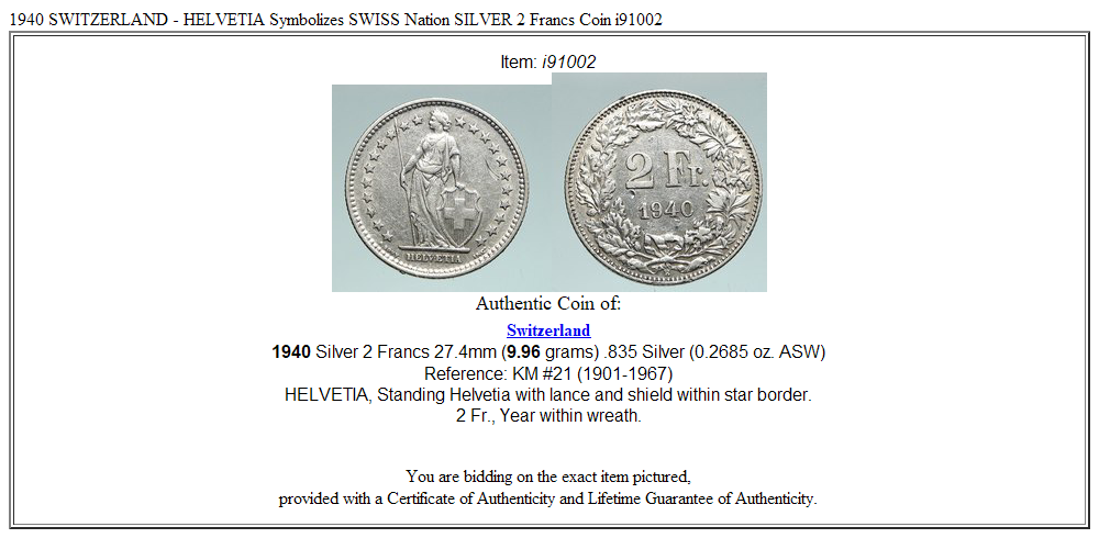 1940 SWITZERLAND - HELVETIA Symbolizes SWISS Nation SILVER 2 Francs Coin i91002