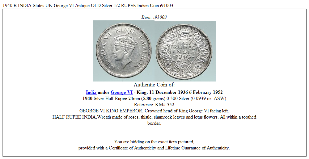 1940 B INDIA States UK George VI Antique OLD Silver 1/2 RUPEE Indian Coin i91003