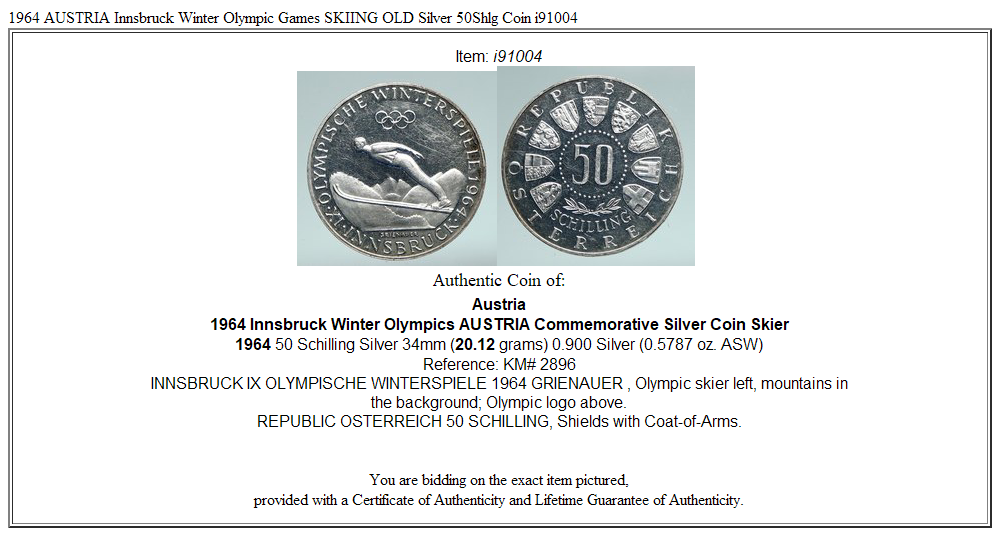 1964 AUSTRIA Innsbruck Winter Olympic Games SKIING OLD Silver 50Shlg Coin i91004