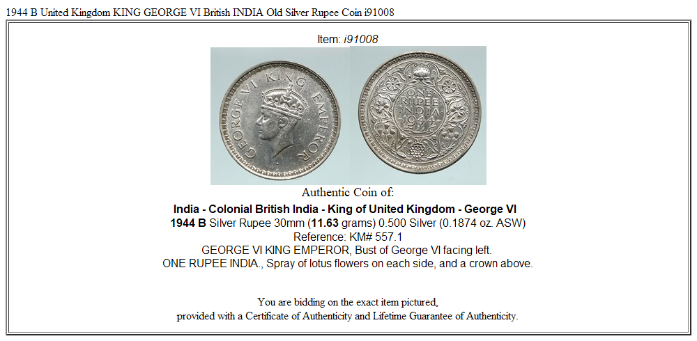 1944 B United Kingdom KING GEORGE VI British INDIA Old Silver Rupee Coin i91008