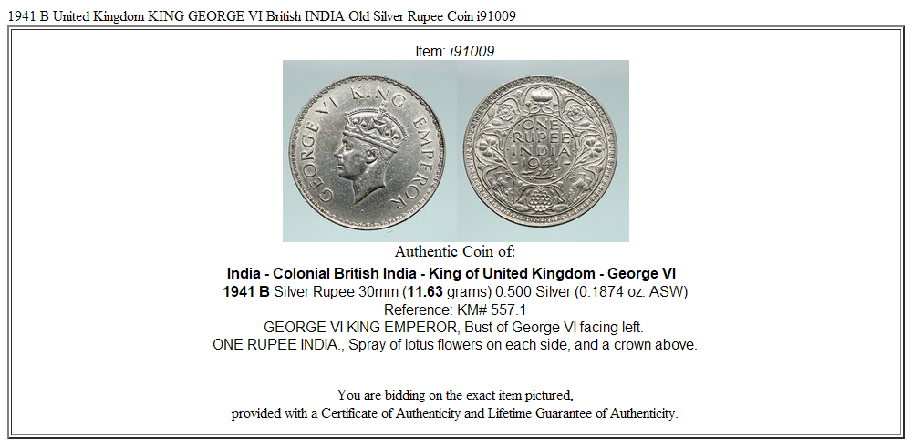 1941 B United Kingdom KING GEORGE VI British INDIA Old Silver Rupee Coin i91009