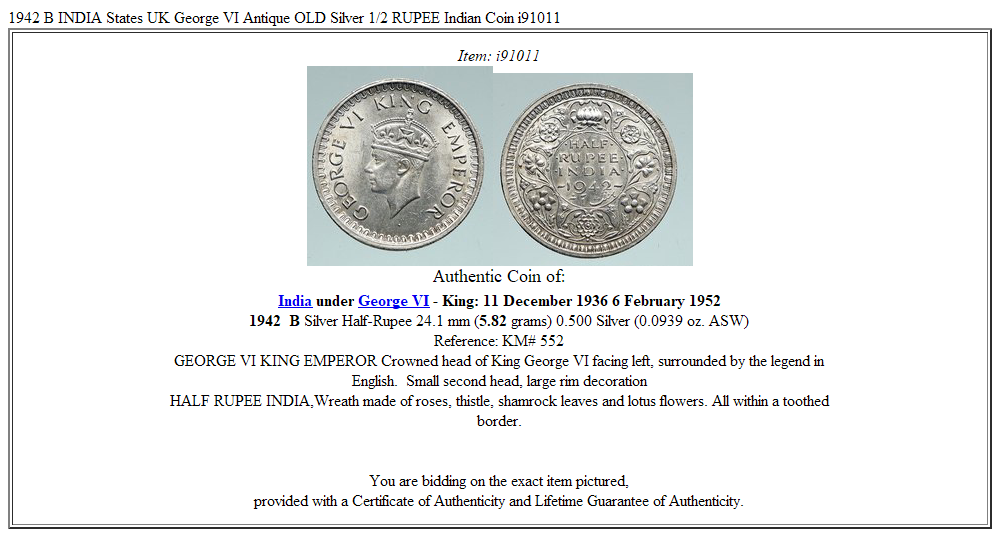 1942 B INDIA States UK George VI Antique OLD Silver 1/2 RUPEE Indian Coin i91011