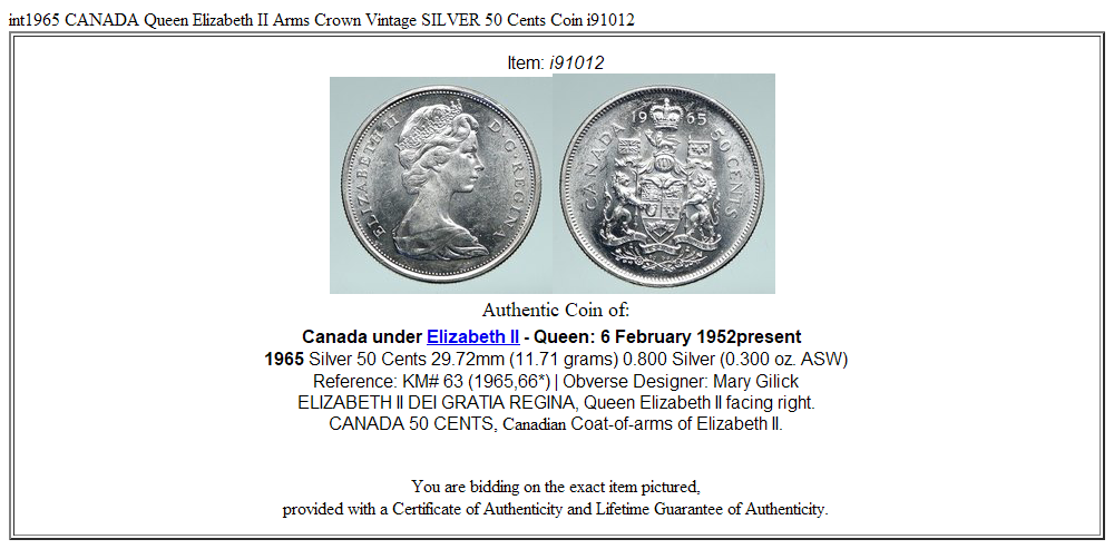 int1965 CANADA Queen Elizabeth II Arms Crown Vintage SILVER 50 Cents Coin i91012