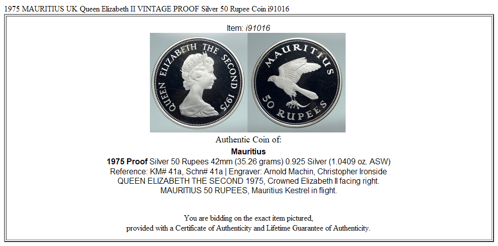 1975 MAURITIUS UK Queen Elizabeth II VINTAGE PROOF Silver 50 Rupee Coin i91016