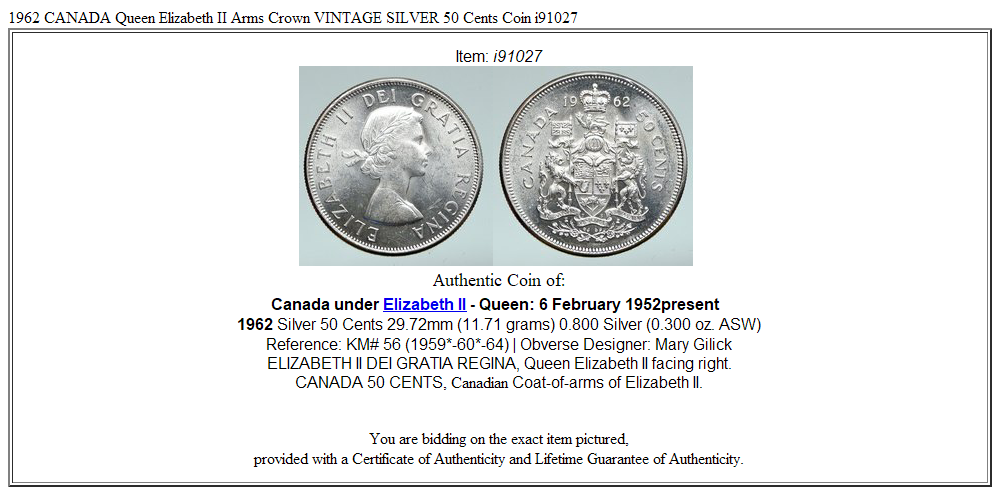 1962 CANADA Queen Elizabeth II Arms Crown VINTAGE SILVER 50 Cents Coin i91027