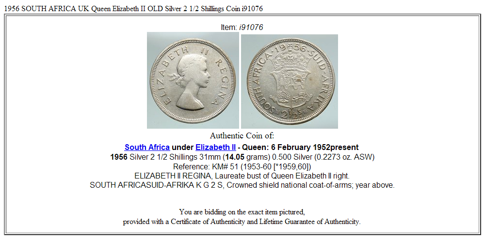 1956 SOUTH AFRICA UK Queen Elizabeth II OLD Silver 2 1/2 Shillings Coin i91076