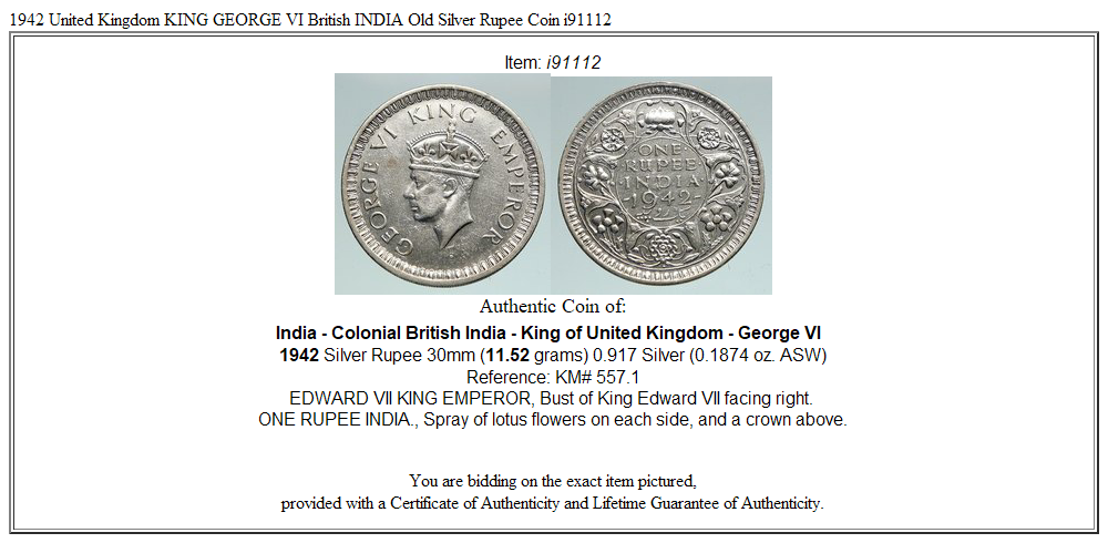 1942 United Kingdom KING GEORGE VI British INDIA Old Silver Rupee Coin i91112