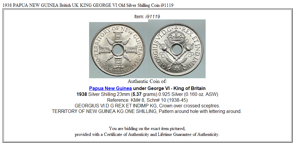 1938 PAPUA NEW GUINEA British UK KING GEORGE VI Old Silver Shilling Coin i91119