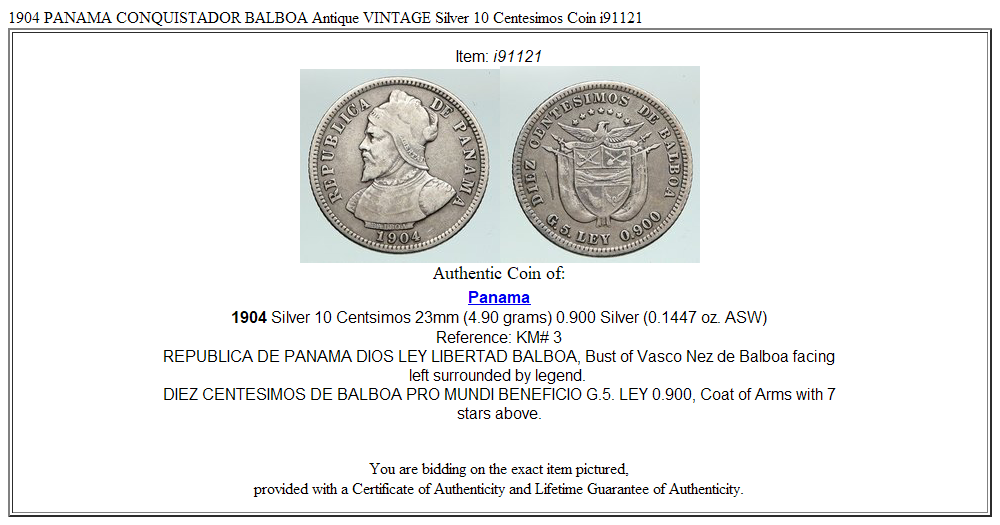 1904 PANAMA CONQUISTADOR BALBOA Antique VINTAGE Silver 10 Centesimos Coin i91121