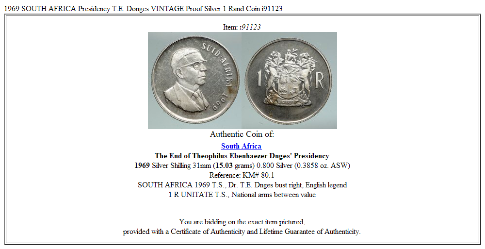 1969 SOUTH AFRICA Presidency T.E. Donges VINTAGE Proof Silver 1 Rand Coin i91123