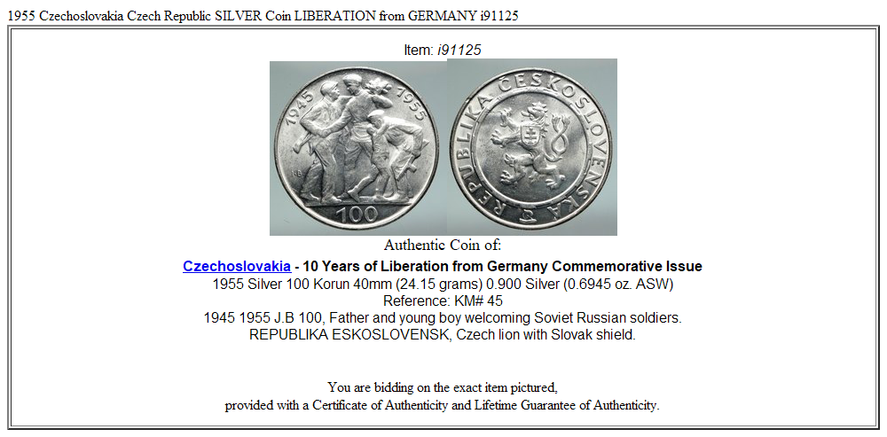 1955 Czechoslovakia Czech Republic SILVER Coin LIBERATION from GERMANY i91125