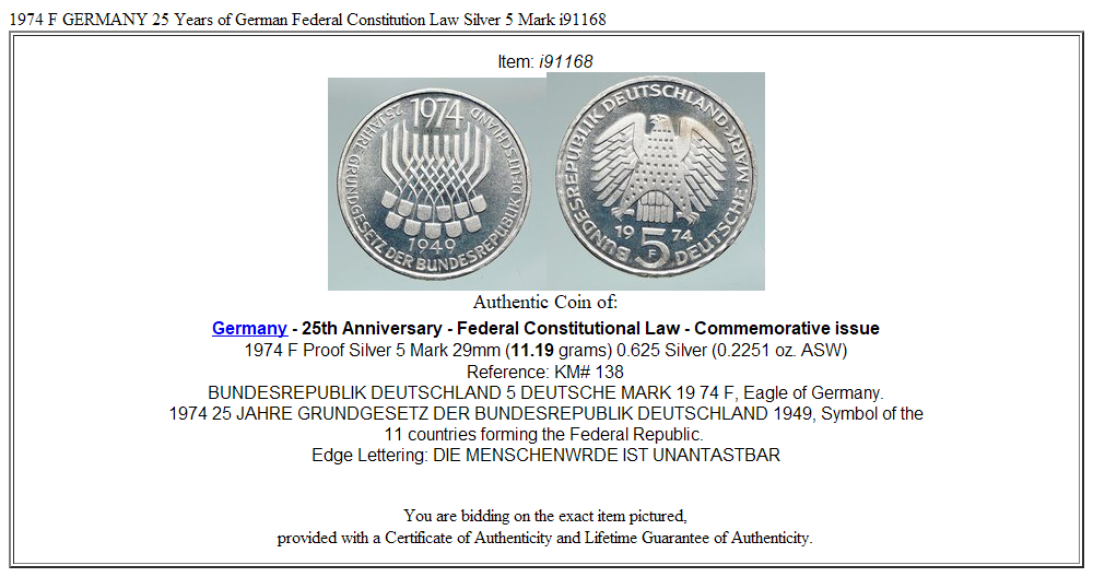 1974 F GERMANY 25 Years of German Federal Constitution Law Silver 5 Mark i91168