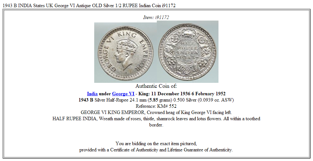 1943 B INDIA States UK George VI Antique OLD Silver 1/2 RUPEE Indian Coin i91172