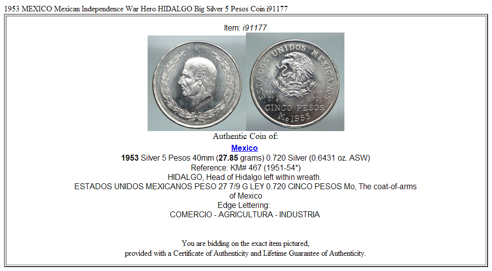 1953 MEXICO Mexican Independence War Hero HIDALGO Big Silver 5 Pesos Coin i91177