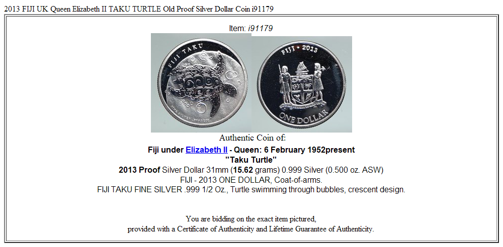 2013 FIJI UK Queen Elizabeth II TAKU TURTLE Old Proof Silver Dollar Coin i91179