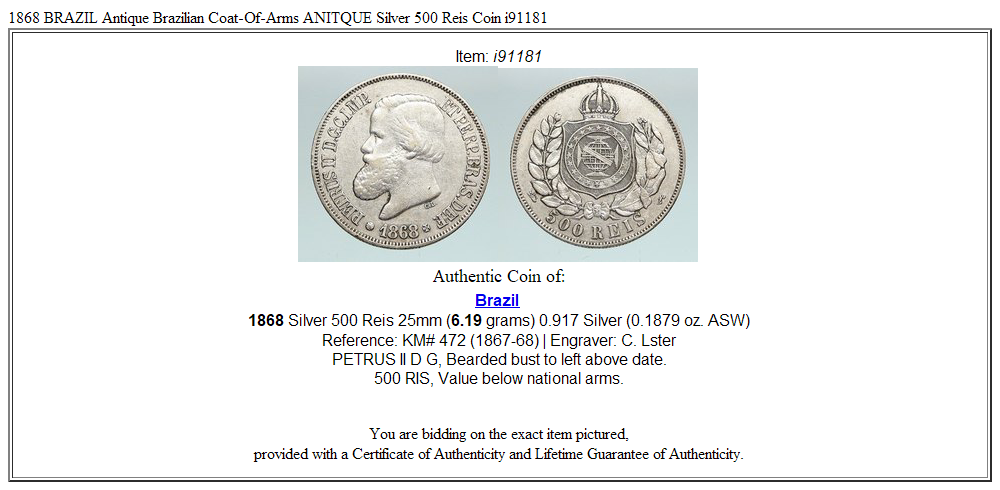 1868 BRAZIL Antique Brazilian Coat-Of-Arms ANITQUE Silver 500 Reis Coin i91181