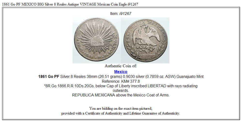 1861 Go PF MEXICO BIG Silver 8 Reales Antique VINTAGE Mexican Coin Eagle i91267