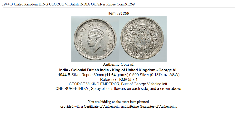 1944 B United Kingdom KING GEORGE VI British INDIA Old Silver Rupee Coin i91269