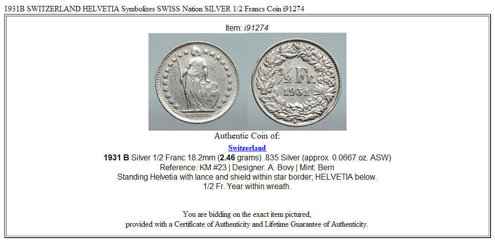 1931B SWITZERLAND HELVETIA Symbolizes SWISS Nation SILVER 1/2 Francs Coin i91274