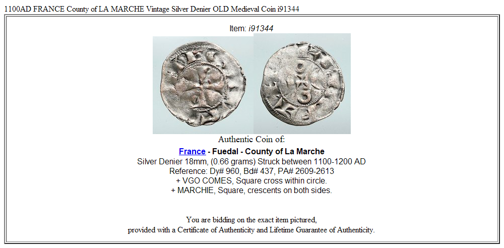 1100AD FRANCE County of LA MARCHE Vintage Silver Denier OLD Medieval Coin i91344